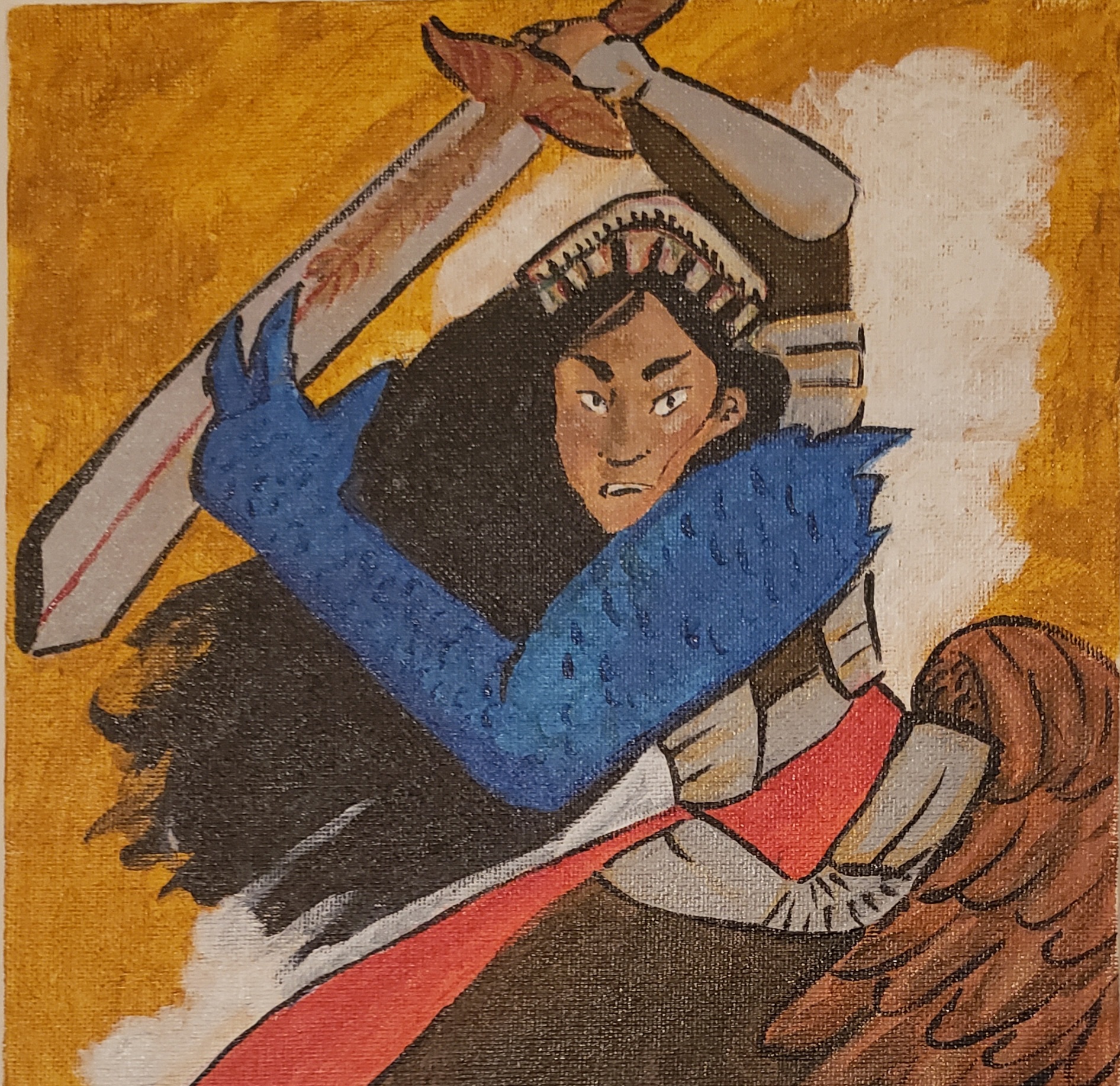 image of a fierce East Asian woman wielding a sword on one hand with a guantlet in the other
